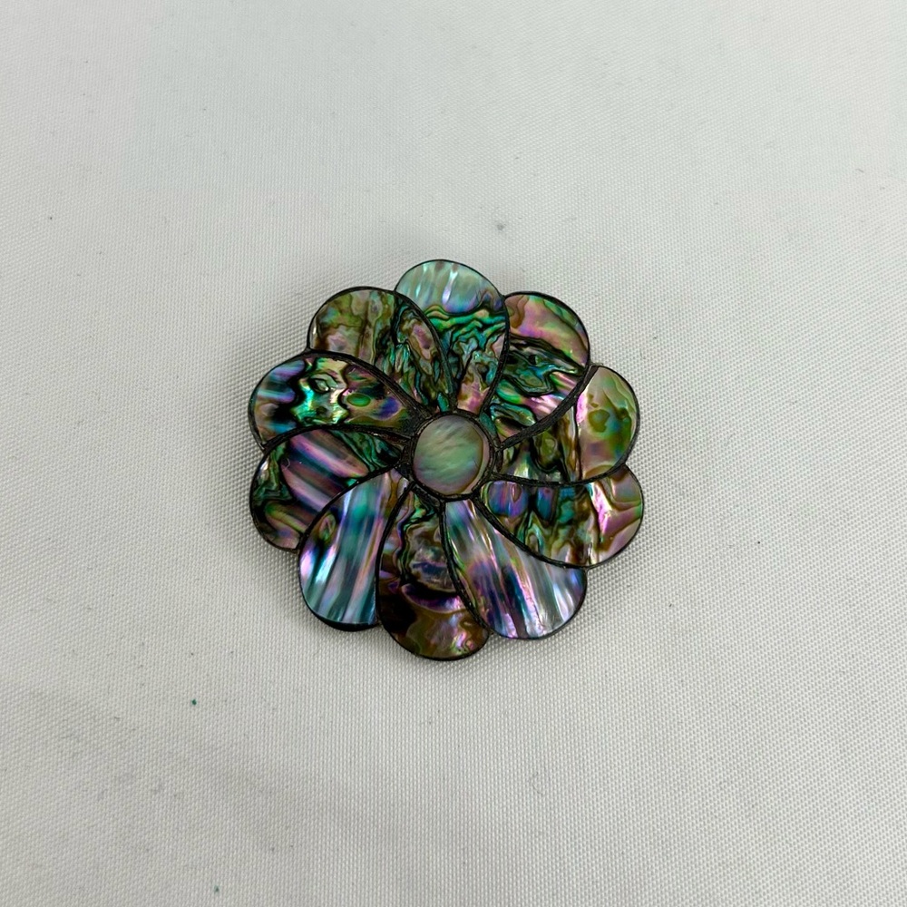 Vintage Abalone Shell Floral Brooch in Iridescent Greens and Purples